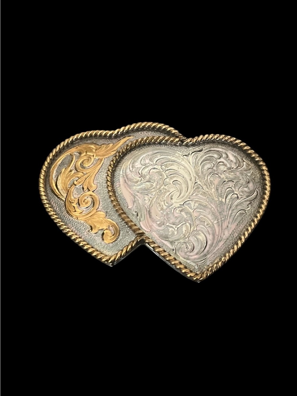 VTG Montana Silversmiths Sterling Silver Plate Double Heart Scrollwork Buckle